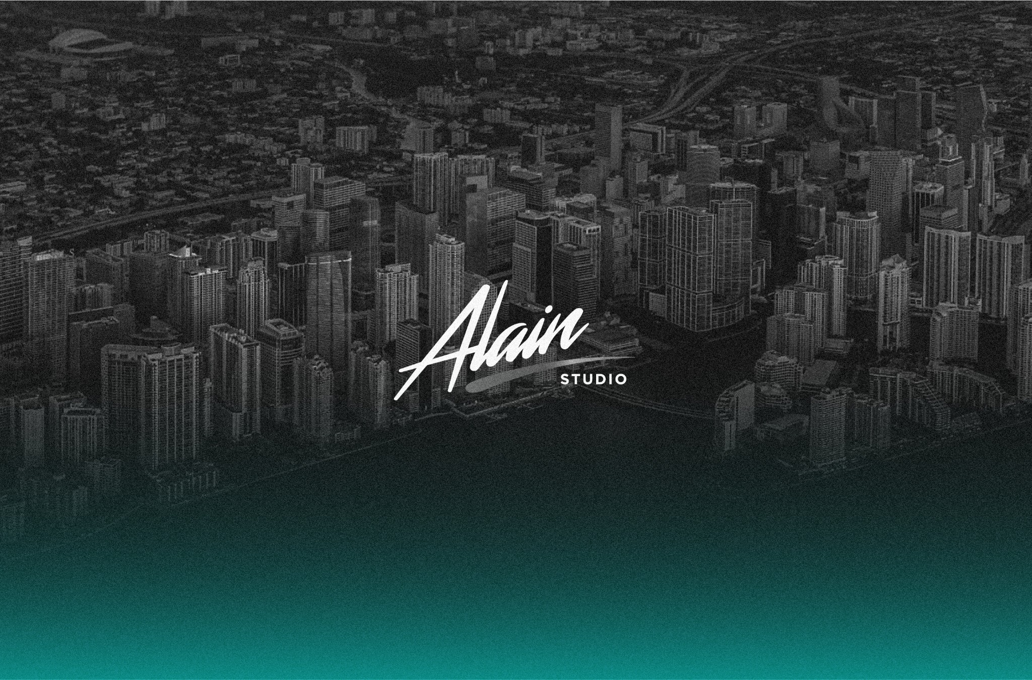 Alain Studio logo over a dark Miami skyline with a teal gradient.